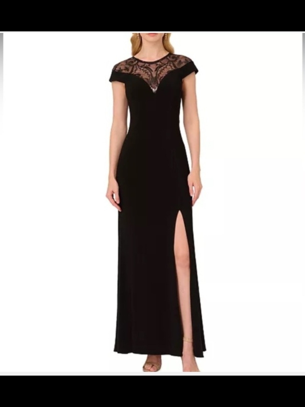 Adrianna Papell Black Lace Yoke Maxi Dress with Side Slit